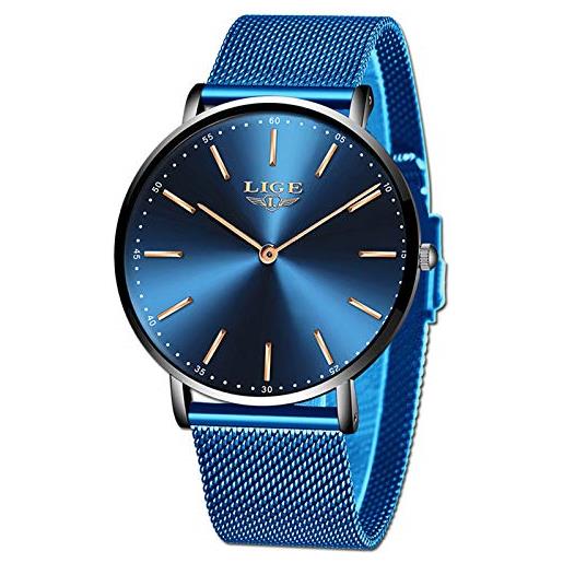 LIGE orologio uomo blu sottile impermeabile affari analogico quarzo orologio uomo automatica data automatica data cintura a rete orologio