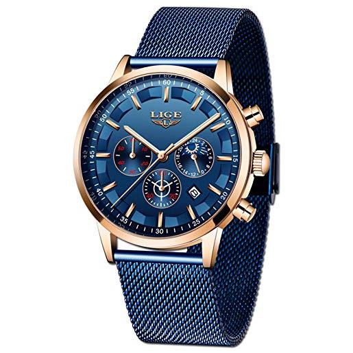 LIGE orologio uomo moda acciaio inossidabile impermeabile cronografo uomo affari blu analogico quarzo orologio data automatica cintura orologio