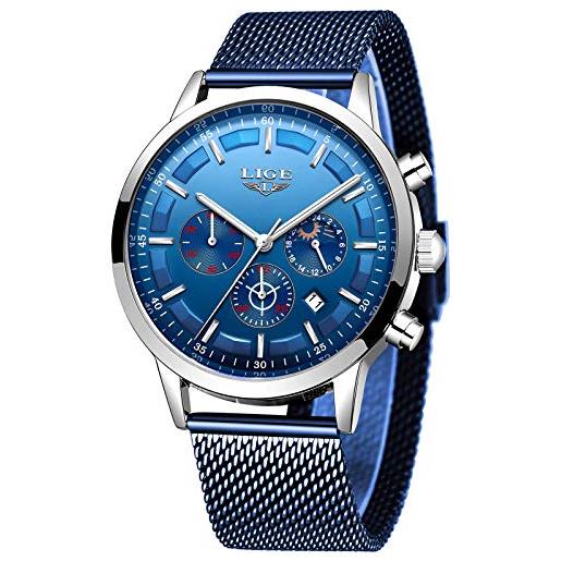 LIGE uomo orologio impermeabile acciaio inossidabile automatica data orologio uomo classico affari blu analogico quarzo orologio