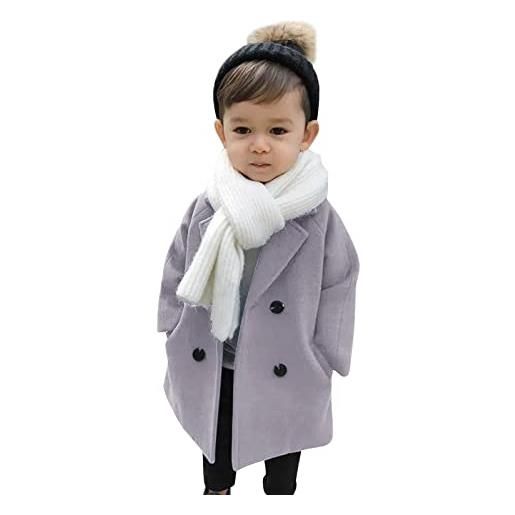 MOMBIY cappotto solido scozzese per neonati e bambini per bambini cappotto doppiopetto in lana con colletto dentellato elegante cappotto bambina pelliccia (grey, 12-18 months)