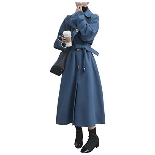 Petalum cappotto lungo da donna con cintura cappotto invernale elegante autunno inverno trencoat tinta unita top outwear, blu, 54