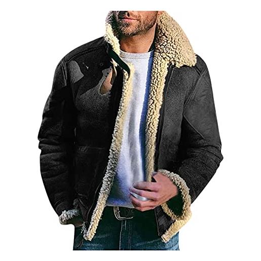 JMEDIC piumino termico de de lana con empalme de invierno para hombre, abrigo ajustado liso cálido con solapa, prendas de vestir con bolsillos grandes y ribete de vellón impermeabile gonna (black, xl)