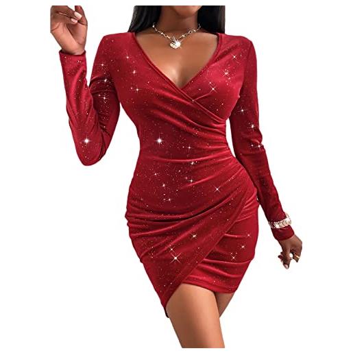 Alaurbeauty vestito da donna con paillettes con scollo a v, maniche lunghe, in velluto increspato, a vita alta, vintage, da cocktail, rosso scuro, m
