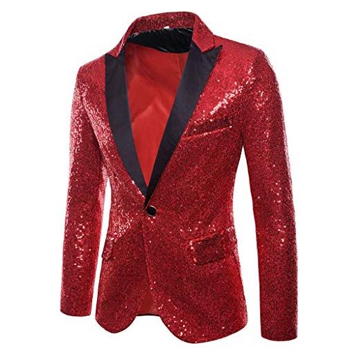 Caxndycing giacca con paillette, da uomo, slim fit, con brillantini, per feste, per il tempo libero, giacca smoking giacca blazer, slim fit, giacca da uomo moderna e business, colore: rosso, l