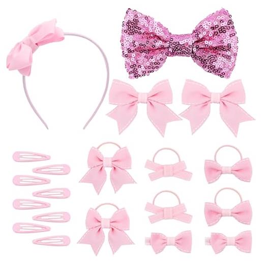 Bekecidi set di 20 accessori per capelli con fiocco, forcine per capelli con paillettes, fiocco in gomma, per ragazze e bambine (rosa)