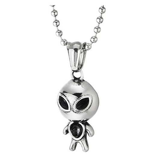 COOLSTEELANDBEYOND alieno collana con pendente da uomo donna, ciondolo teschio, acciaio, argento, palla catena 60cm, carino