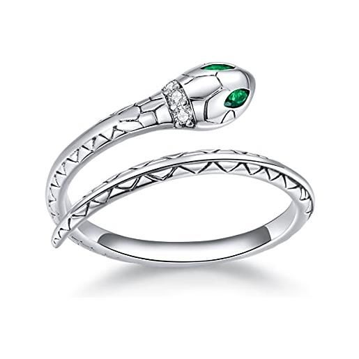 Qings anelli serpente regolabili in argento sterling-s925 anello serpente animale retrò con occhi verdi, anelli di barretta di serpente di personalità regalo per donne/ragazze/uomini