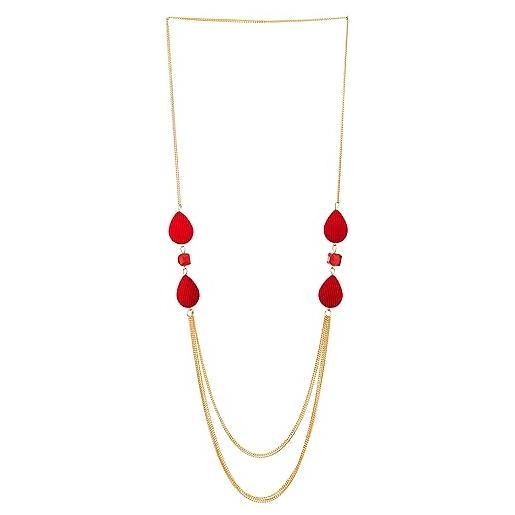 COOLSTEELANDBEYOND splendida rosso perlina e cristallo statement collana, colore oro lunga catena multi strati cascata