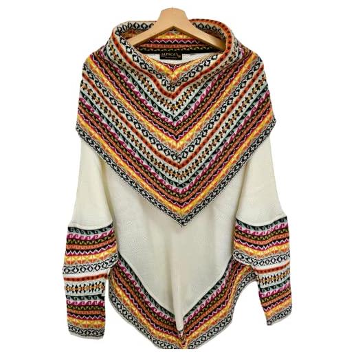 Generic miluva - poncho inca con colletto colorato e maniche in lana di alpaca, bianco, m