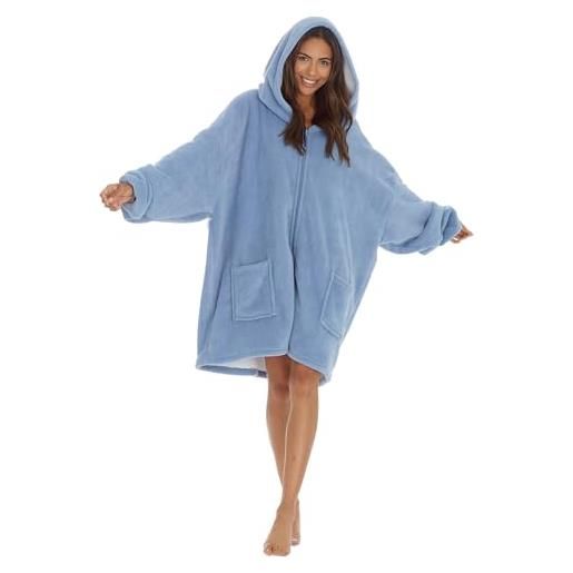 Undercover coperta da donna oversize foderata in sherpa con cerniera lunga, indossabile, con cappuccio, denim, etichettalia unica