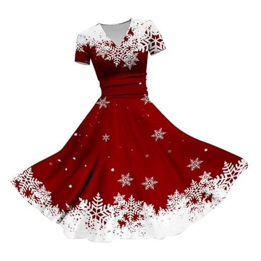 Uikceten abito da sera di natale da donna con stampa natalizia, stile vintage anni '50, rockabilly, abito da festa di natale, con scollo a v, a maniche corte, da cocktail, 1 rosso. , m