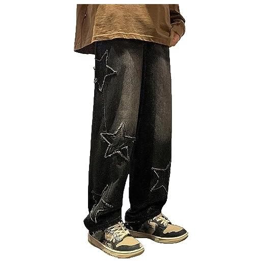 Vagbalena jeans streetwear vintage da uomo jeans larghi ricamati hip-hop grunge jeans hip-hop vintage streetwear harajuku (nero, l)
