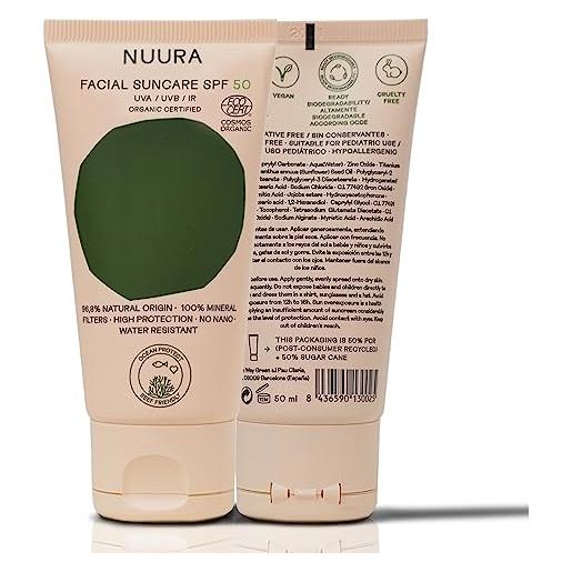 NUURA (SOLARES ECO) nuura - protezione solare facciale ecologica spf 50+ uva/uvb/ir - 100% naturale, vegan, biodegradabile, certificata organica - per pelli sensibili, 50 ml