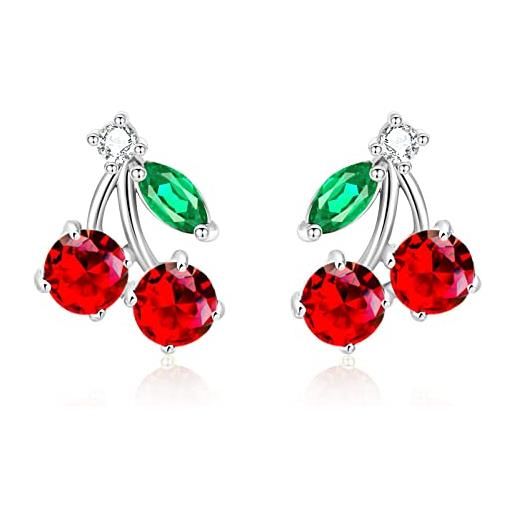 VONSSY orecchini ciliegia | orecchini pendenti e a bottone con goccia rossa cherry stud-platinum