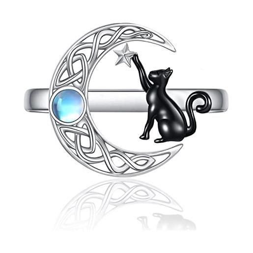 POPLYKE anello aperto in argento sterling 925 con luna celtica nera per donne ragazze compleanno gatto gioielli regali, argento sterling