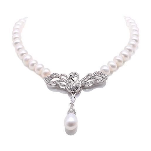 JYX Pearl jyx - collana con ciondolo a forma di cigno, 7 - 7,5 mm, con perle d'acqua dolce, colore bianco, 45,7 cm, perla, perla