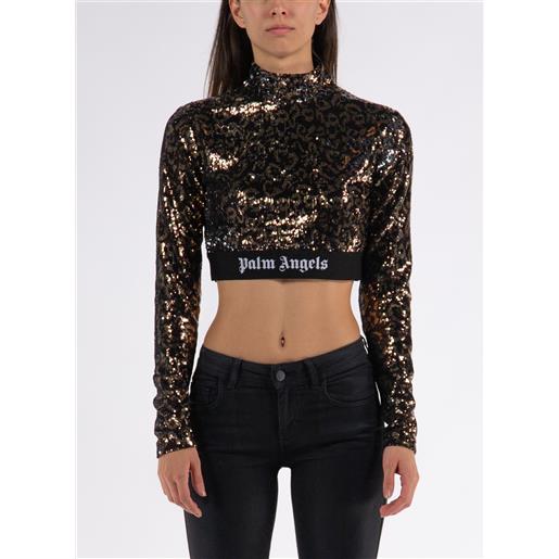 PALM ANGELS t-shirt cropped longsleeve logo tape sequins donna