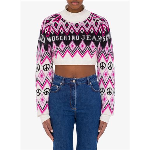 MOSCHINO JEANS pullover crop in cashmere e lana graphic jacquard donna