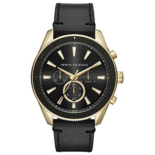 Armani Exchange orologio cronografo al quarzo da uomo, cassa in acciaio inossidabile color oro da 46 mm con cinturino in pelle, ax1818