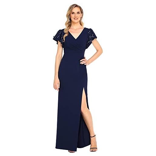 Ever-Pretty vestito da sera donna lungo con spacco sirenetta appliques scollo a v maniche corte abito da sera blu navy 40