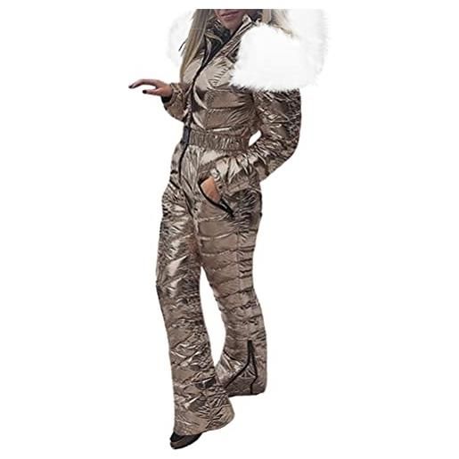 Minetom tuta da sci donna a prova di vento impermeabile jumpsuit con cerniera inverno calda cappotto con cappuccio per sport all'aria aperta a cachi s