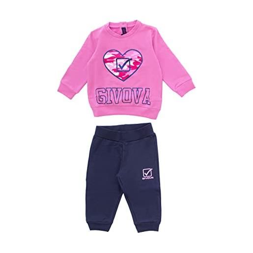 Givova - tuta sportiva invernale baby in cotone felpato, con felpa manica lunga e cappuccio, pantalone elasticizzato, disponibile nella variante blu e rosa (rosa, 30 mesi)