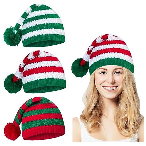 Yoolhamy 3 cappelli natalizi lavorati a maglia, cappelli da babbo natale, unisex, per adulti, unisex, per feste di natale, rosso e verde, per papà, madre, figlia, figlio, feste in famiglia