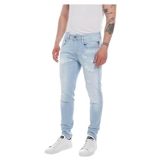 Replay jeans da uomo bronny slim-fit invecchiato con power stretch, blu (blu medio 009), 33w / 32l
