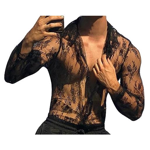 Panegy maglia da uomo a rete attraverso camicia trasparente mesh slim fit t-shirt jazz danza clubwear produttore l/eu taglia m-nero 3