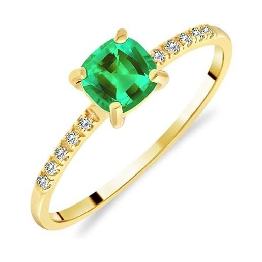 Planetys anello solitario da donna in oro giallo 375/1000 con smeraldo naturale, misura cuscino con 10 diamanti, 14, metallo, smeraldo