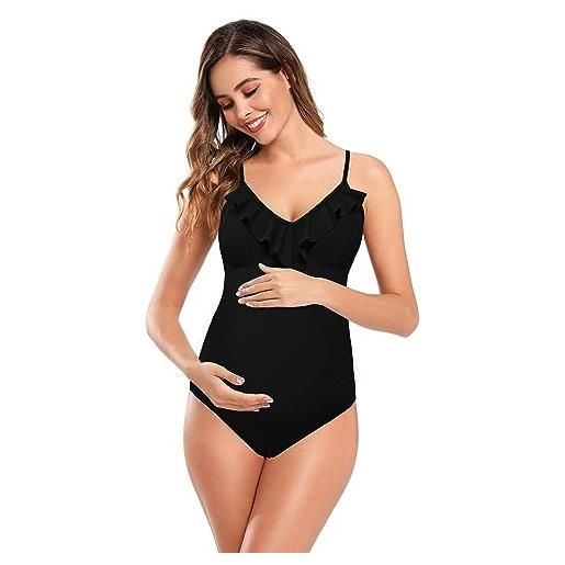SHEKINI maternity costume intero da donna con volant a fascia, regolabile, taglie grandi, costume premaman monopezzo per gravidanza, nero , m