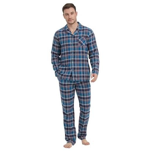 Mnamo pigiama da uomo 100% cotone da uomo flanella pigiama a quadretti lungo con tasca, blu navy a quadri, large/x-large