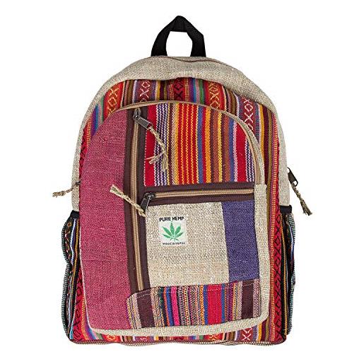 Craftmano zaino in canapa, borsa naturale, fatto a mano in nepal, stripes, multicolore, 38 x 45 cm, zaino daypack