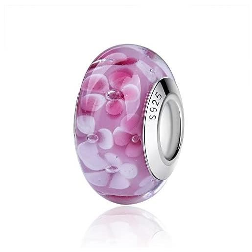 Nbsameng charm glitter in vetro di murano, ciondolo per braccialetti e catenine per donna, ciondoli in argento 925% , rosa scuro