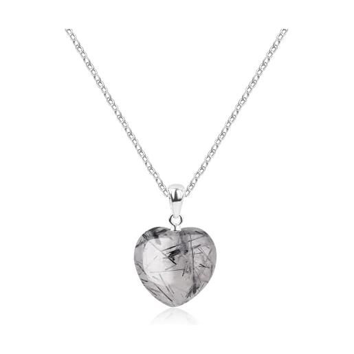 COAI collana da donna quarzo rutilato nero collana in argento sterling 925 con ciondolo cuore di pietre dure naturali