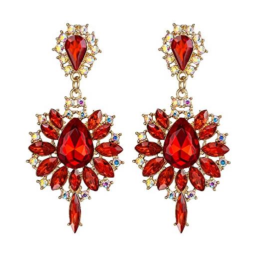 EVER FAITH marquise cristalli austriaci prom orecchini pendenti, fiore goccia statement chandelier orecchini per donna rosso oro-fondo