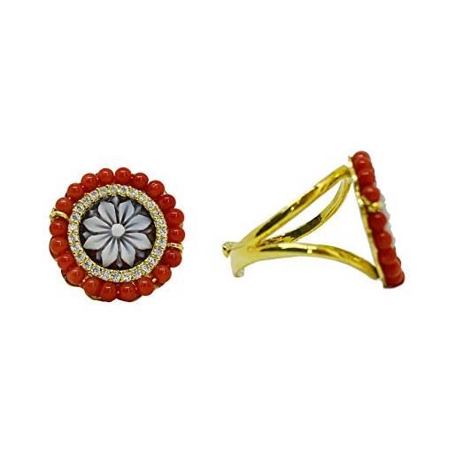 sicilia bedda - set corallo rosso del mediterraneo e cammeo - argento 925 placato oro 18 kt - prodotto artigianale - idea regalo (anello)
