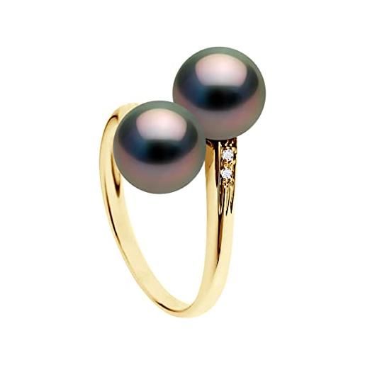 PEARLS & COLORS NATURAL FINE PEARLS pearls & colors - anello contrarie in oro e diamanti 0,020 carati con vere perle coltivate di tahiti rotonde 8-9 mm - qualità a+ - gioiello da donna