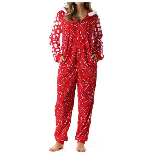 Qtinghua pigiama intero natalizio da donna, a maniche lunghe, con cerniera, con bottoni, aderente, candy cane rosso, l
