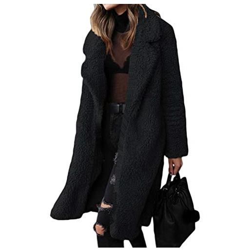 Shallood donna cappotto in pelliccia sintetica midi lungo sciolto morbidi manica lunga caldo risvolto pelliccia ecologica giacca donna alla moda cappotti nero 38