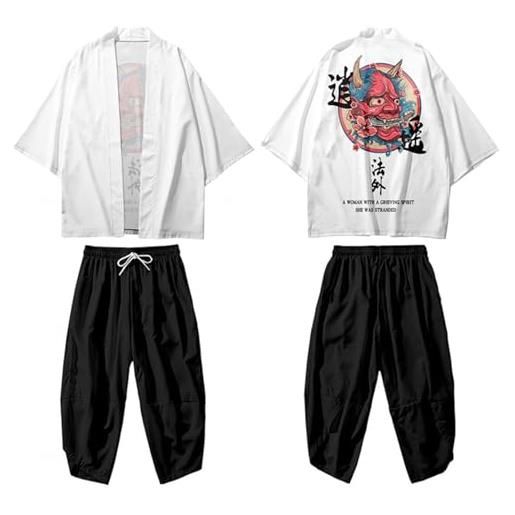 NALSA kimono oversize da uomo, set di pantaloni cardigan con stampa tradizionale giapponese fantasma demone, t-shirt anime casual quattro stagioni, h070-large