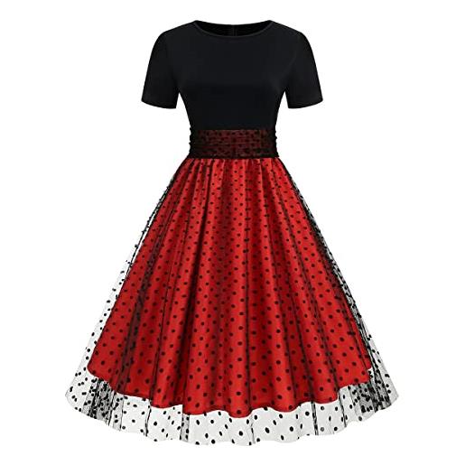 Odizli rockabilly, abito da donna a maniche corte, stile anni '50, in rete, a pois, in tulle, colore: rosso, l