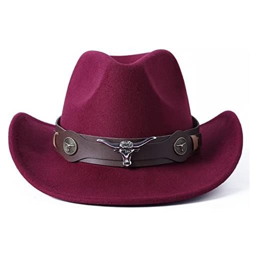 Faringoto cappello da cowboy occidentale da donna classico in feltro da uomo, vino, taglia unica