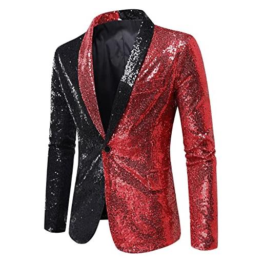 IQYU giacca da uomo, vestibilità regolare, dorata, con paillette, con risvolto, casual, con brillantini, per il tempo libero, da lavoro, colore: rosso, s