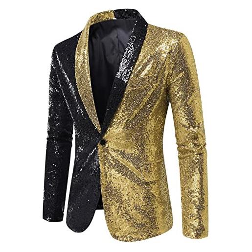 IQYU giacca da uomo, vestibilità regolare, dorata, con paillette, con risvolto, casual, con brillantini, per il tempo libero, da lavoro, gold, s