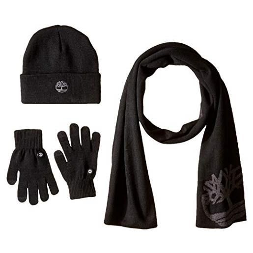 Timberland men's double layer scarf, cuffed beanie & magic glove gift set, black one size