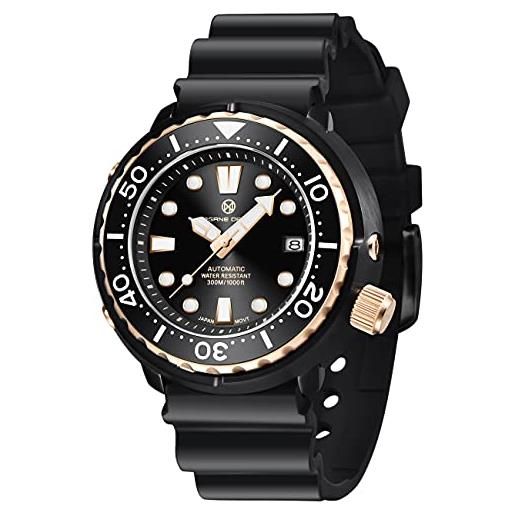 PAGRNE DESIGN orologio da uomo nh35 orologio meccanico automatico orologio subacqueo in acciaio inossidabile 300m comfort cinturino in gomma morbida lunetta in ceramica（nero oro）
