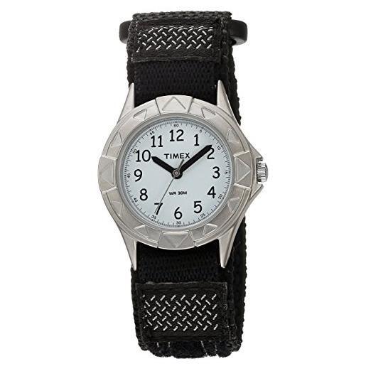 Timex kids 28mm, orologio cassa argentata con quadrante bianco e cinturino in tessuto, nero, t79051
