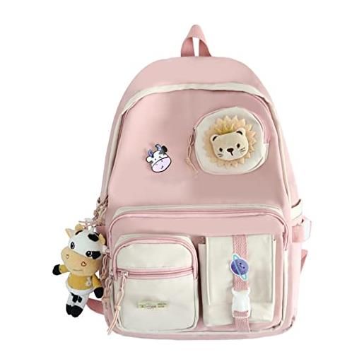 PORRASSO ragazze borsa da scuola carino zaino con ciondolo alunno nylon zainetto adolescente zaini daypack per scuola viaggio rosa