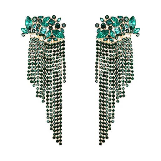 EVER FAITH cristalli di strass floreali frange di fiori pendenti nappe catena goccia orecchini chandelier per le donne verde